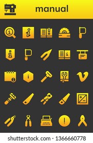 manual icon set. 26 filled manual icons.  Simple modern icons about  - Information, Sewing machine, Manual, Saw, Pliers, Info, Razor, Vimeo, Exposure, Typewriter, Advise