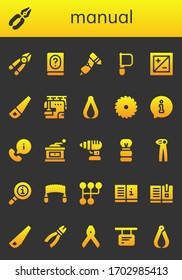 manual icon set. 26 filled manual icons.  Simple modern icons such as: Plier, Pliers, Manual, Drill, Saw, Exposure, Sewing machine, Information, Grinder, Shaving brush, Info, Gearshift