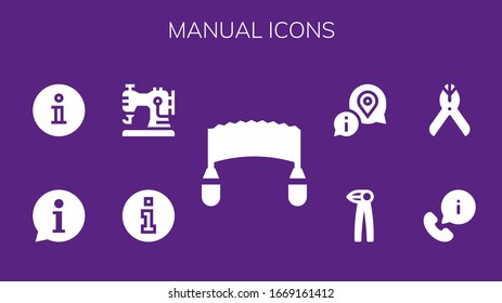 manual icon set. 9 filled manual icons. Included Saw, Information, Sewing machine, Pliers icons