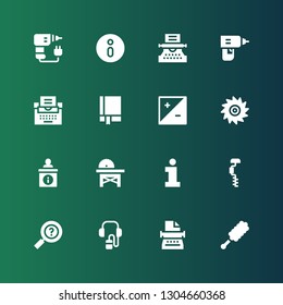 manual icon set. Collection of 16 filled manual icons included Duster, Typewriter, Audio guide, Information, Drill, Saw, Exposure, Manual, Information sign