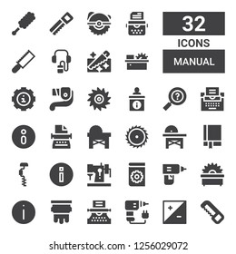 manual icon set. Collection of 32 filled manual icons included Saw, Exposure, Drill, Typewriter, Silkscreen, Information, Manual, Sewing machine, Information sign, Lever, Info