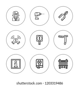 Manual icon set. collection of 9 outline manual icons with drill, info, information, guide, manual, pliers, razor icons. editable icons.