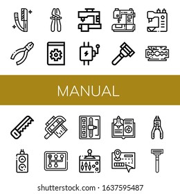 manual icon set. Collection of Razor, Pliers, Plier, Manual, Sewing machine, Lever, Razor blade, Saw, Remote, Gearstick, Shift stick, Guide icons