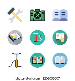 manual icon set. vector set about camera, tools, air pump and open book icons set.