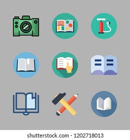 manual icon set. vector set about open book, camera, air pump and tools icons set.