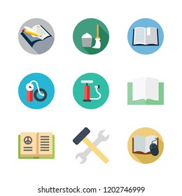 manual icon set. vector set about open book, tools, air pump and mop icons set.