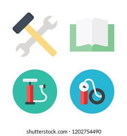 manual icon set. vector set about open book, tools and air pump icons set.