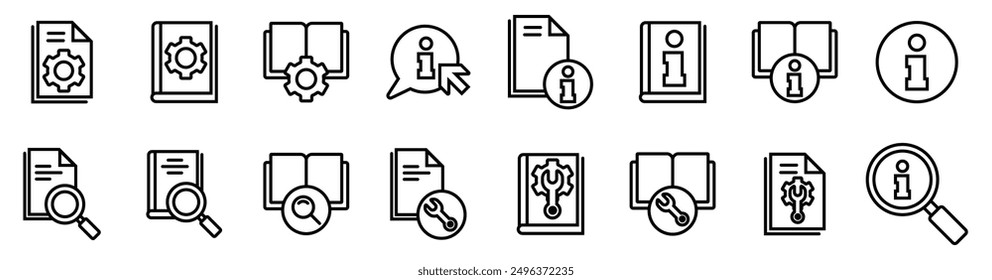 Conjunto de iconos de libro de instrucciones manual. Iconos del libro de guía del usuario. Contiene información, guía, referencia, ayuda y Asistencia. Ilustración vectorial. Vector de acciones. 
