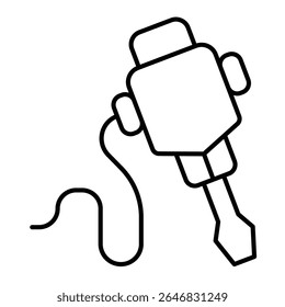 Ícone de linha fina jackhammer manual, fazendo o conceito de estrada. Gráficos vetoriais. Instrumento de martelo elétrico, sinal de construção sobre fundo branco, estilo móvel ou design