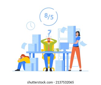 Manual Labor, Deadline, Office Chaos Concept, Stressed Employees, Workers Hurry Up with Job, Work Rush, Busy Fussing Overwork People at Workplace, Deadline in Company. Cartoon Vector Illustration