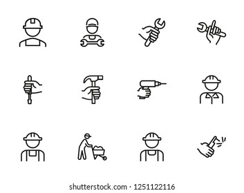 Manual labor line icon set. Hammer, wrench, constructor. Blue collar concept. Can be used for topics like job, occupation, engineering