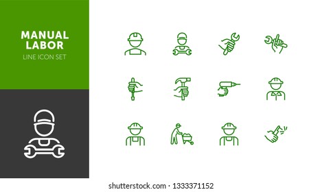 Manual labor line icon set. Hammer, wrench, constructor. Blue collar concept. Can be used for topics like job, occupation, engineering