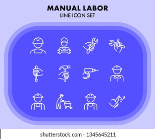 Manual labor line icon set. Hammer, wrench, constructor. Blue collar concept. Can be used for topics like job, occupation, engineering