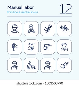 Manual labor line icon set. Hammer, wrench, constructor. Blue collar concept. Can be used for topics like job, occupation, engineering
