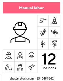 Manual labor line icon set. Hammer, wrench, constructor. Blue collar concept. Can be used for topics like job, occupation, engineering