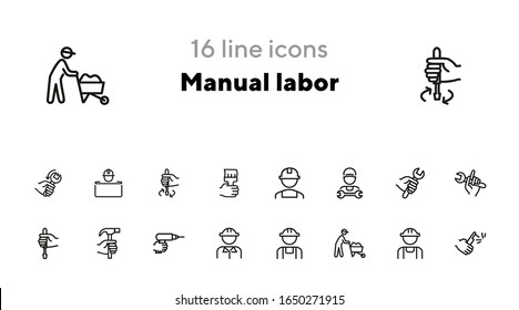 Manual labor line icon set. Hammer, wrench, constructor. Blue collar concept. Can be used for topics like job, occupation, engineering