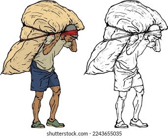 Manual laborer carry heavy sacks over his shoulder  isolated against white  Hand drawn vector illustration 