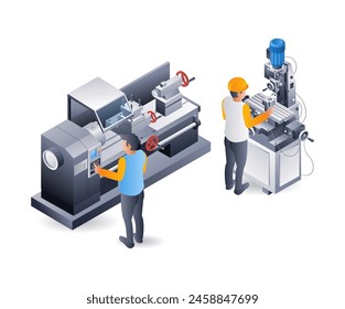 Manual lathe and drill operator, infographic flat isometric 3d illustration