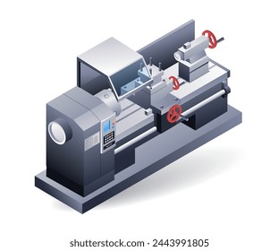 Manual lathe, flat isometric 3d illustration