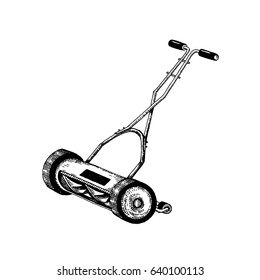 Manual lawn mower. Vector illustration of a sketch. Isolated objects on white background.