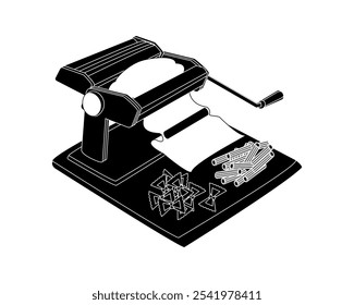 Manual machine for rolling out dough, preparing pasta and dumplings. Kitchen appliances. Vector black and white illustration