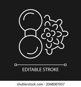 Manual massage balls white linear icon for dark theme. Spikey balls. Massage tool for neck. Thin line customizable illustration. Isolated vector contour symbol for night mode. Editable stroke