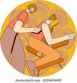 Manual massage and full-body treatment with professional massage therapist in spa. Isolated flat vector illustration in circle shape.