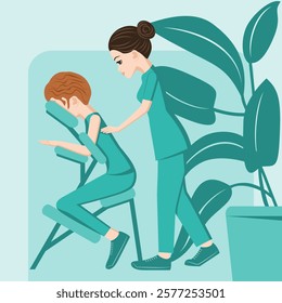 Manual massage. treatment by professional therapist in SPA. Chair Massage Therapy. Isolated flat vector illustration. European ethnicity.