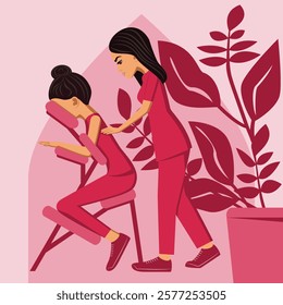 Manual massage. treatment by professional therapist in SPA. Chair Massage Therapy. Isolated flat vector illustration. Eastern ethnicity.