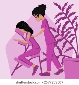 Manual massage. treatment by professional therapist in SPA. Chair Massage Therapy. Isolated flat vector illustration. Indian ethnicity.