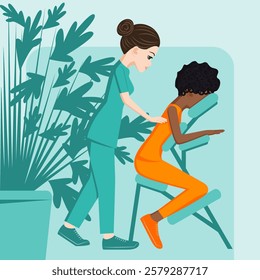 Manual massage. treatment by professional therapist in SPA. Chair Massage Therapy. Isolated flat vector illustration. European and African ethnicity.