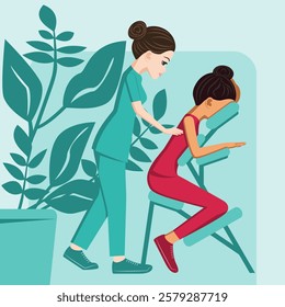 Manual massage. treatment by professional therapist in SPA. Chair Massage Therapy. Isolated flat vector illustration. European and Eastern ethnicity.