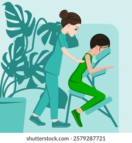 Manual massage. treatment by professional therapist in SPA. Chair Massage Therapy. Isolated flat vector illustration. European and Asian ethnicity.