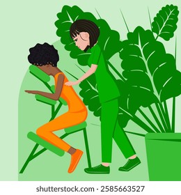 Manual massage. treatment by professional therapist in SPA. Chair Massage Therapy. Isolated flat vector illustration. Asian and African ethnicity.