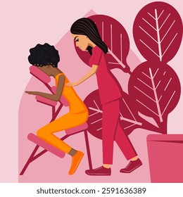 Manual massage. treatment by professional therapist in SPA. Chair Massage Therapy. Isolated flat vector illustration. Eastern and African ethnicity.