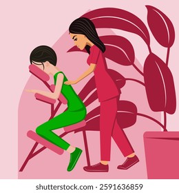 Manual massage. treatment by professional therapist in SPA. Chair Massage Therapy. Isolated flat vector illustration. Eastern and Asian ethnicity.