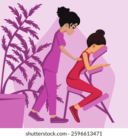 Manual massage. treatment by professional therapist in SPA. Chair Massage Therapy. Isolated flat vector illustration. Indian and Eastern ethnicity.