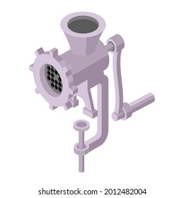 Manual meat grinder - isometric vector illustration isolated on white. Flat color design.