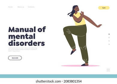 Manual of mental disorders concept of landing page with frightened young woman looking afraid and unsafe. Female feeling anxious. Anxiety and irrational fear. Cartoon flat vector illustration