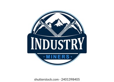 Manual mining logo design using a pick ax in rocky mountain areas.