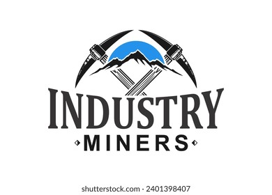 Manual mining logo design using a pick ax in rocky mountain areas.