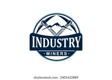 Manual mining logo design using a pick ax in rocky mountain, rounded badge style.