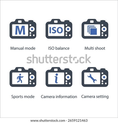 Manual mode, ISO balance, Multi shoot, Sports mode, Camera information, Camera setting, icon
