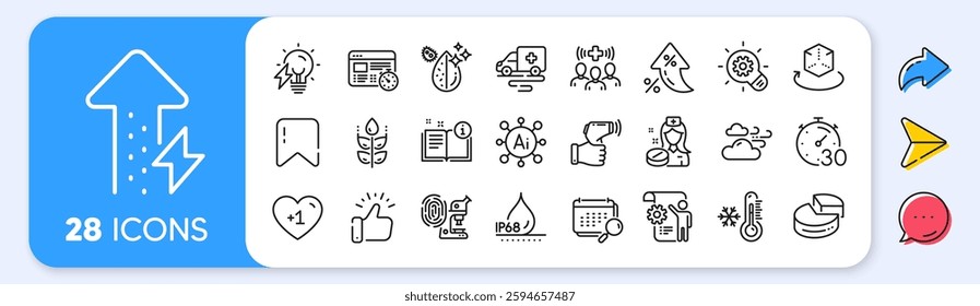 Manual, Nurse and Settings blueprint line icons. Interest rate, AI generate, Inflation icons. Pack of Timer, Cogwheel, Web timer icon. Electricity bulb, Waterproof, Dirty water pictogram. Vector