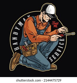 Manual occupation round colorful emblem with repairman with tool belt around waist holding screwdriver on black background, vector illustration