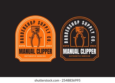manual old hand clipper retro badge logo design for barbershop, salon, haircut, shaves