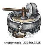 Manual old millstone. Grain grinding equipment. Vector illustration