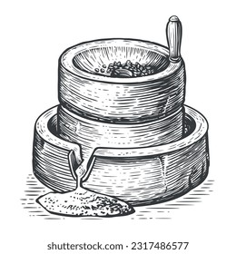 Manueller alter Mühlstein. Handgezeichnete Vektorgrafik. Verarbeitung von Getreidesaatgut zu Mehl zum Kochen