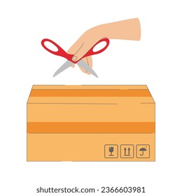 Manual opening of the paper box. Simple flat illustration. The process of online ordering and delivery is carried out step by step. People select, confirm, deliver, receive and unpack a purchase.