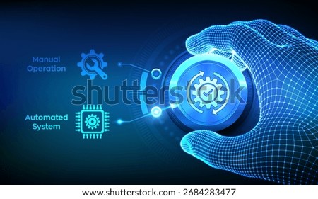 Manual operation vs automated system choice concept. Human control versus digital automation. RPA. Robotic process automation. Hand adjusting knob to switch to automated system. Vector illustration.